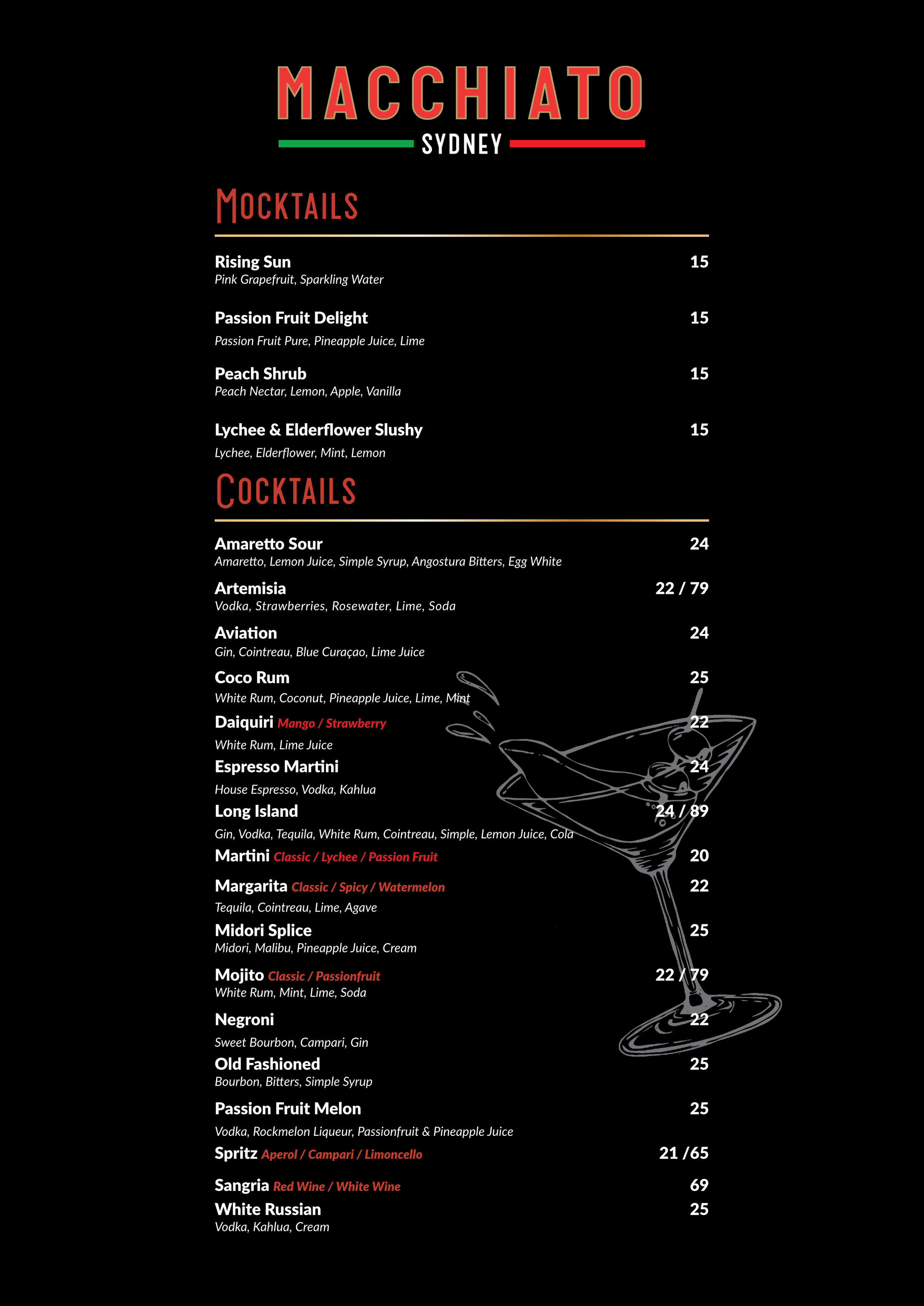 Cocktails menu