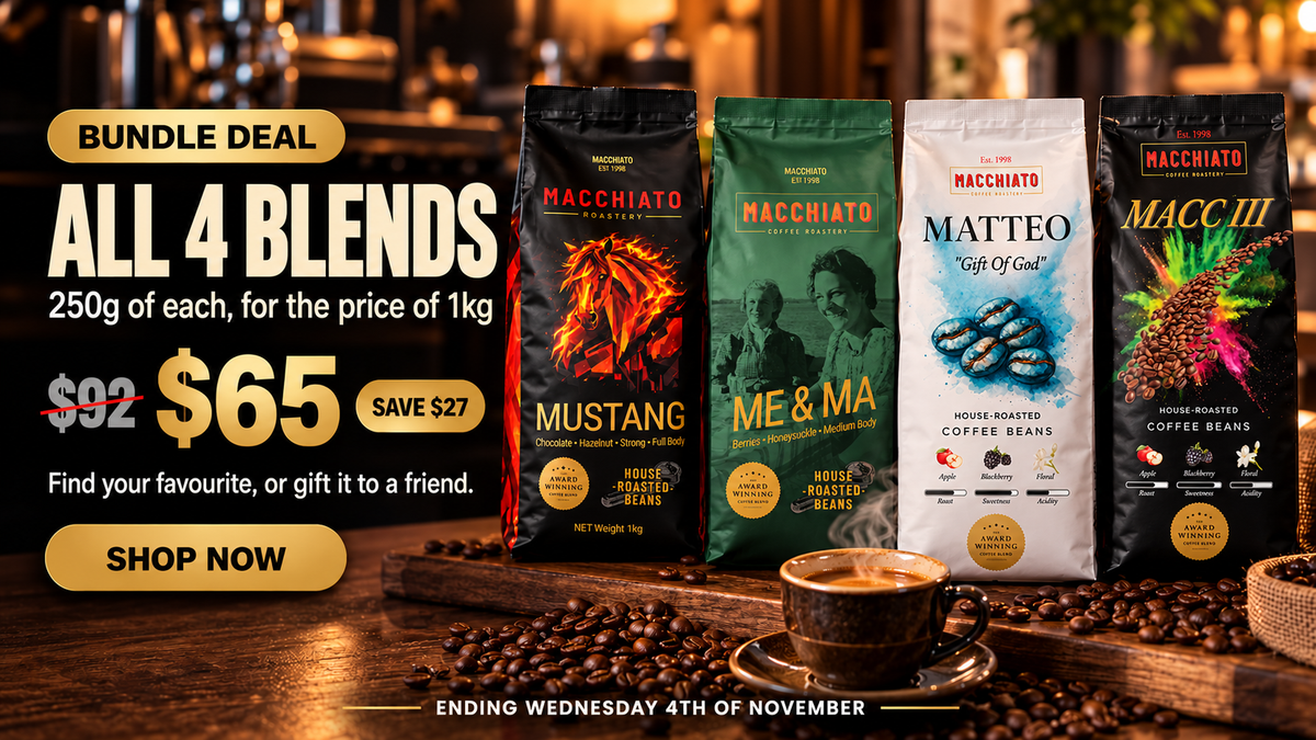 Macchiato Blend Tasting Pack: four 250g specialty coffee bags (Mustang, Me & Ma, Matteo and Macc III) roasted in Sydney