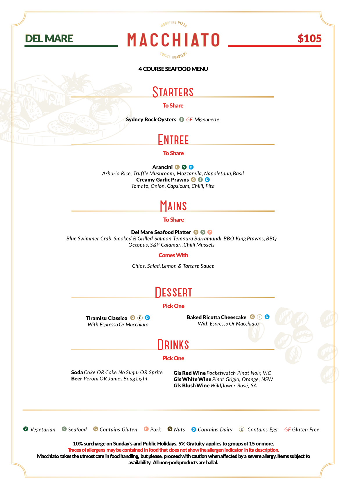 Del Mare $105 menu