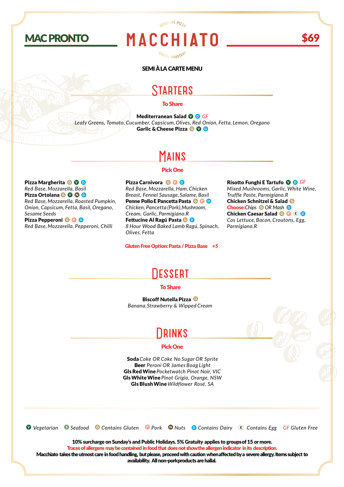 Mac Pronto $69 menu