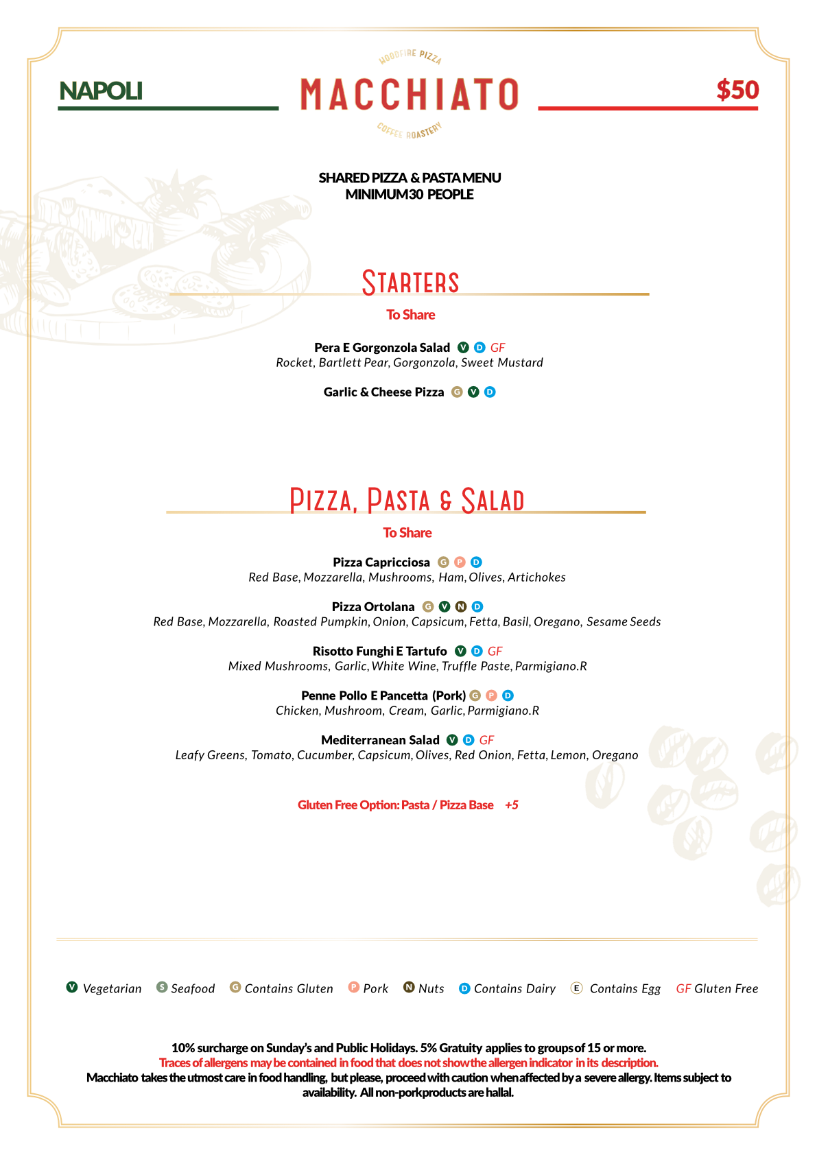 Napoli $50 menu