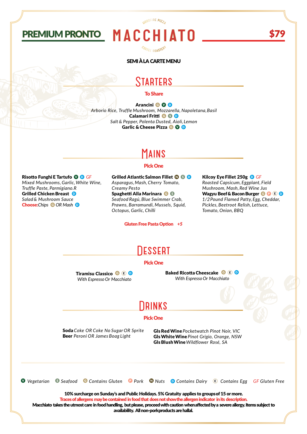 Premium Pronto $79 menu